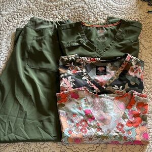 Dickies Olive Green Pants with Floral and Camouflage Scrub Tops. 2xl.